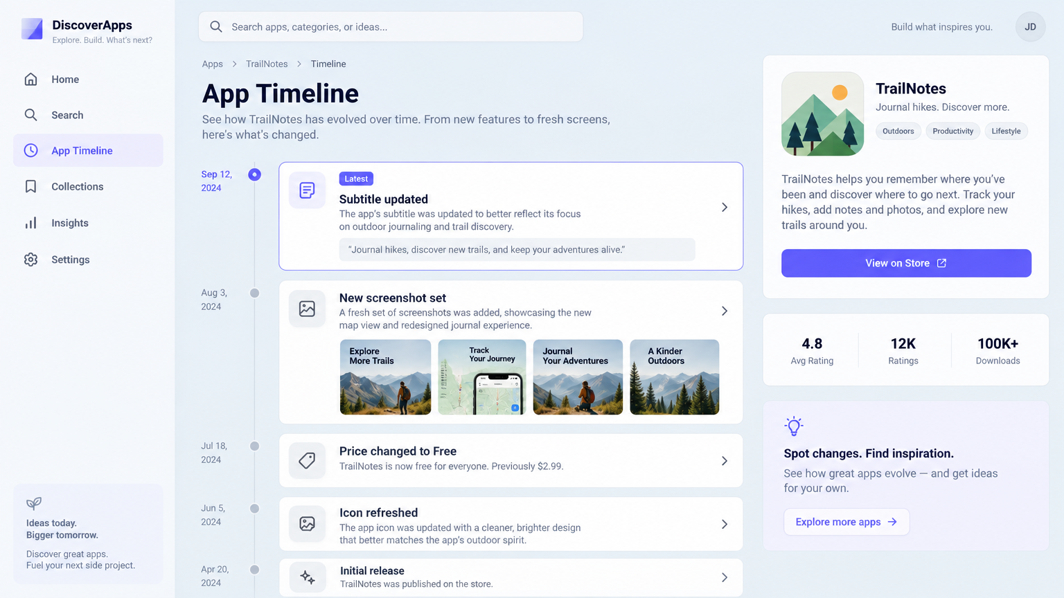 A listing timeline for a watched app