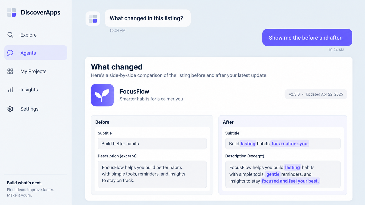 Two versions of a listing, side by side
